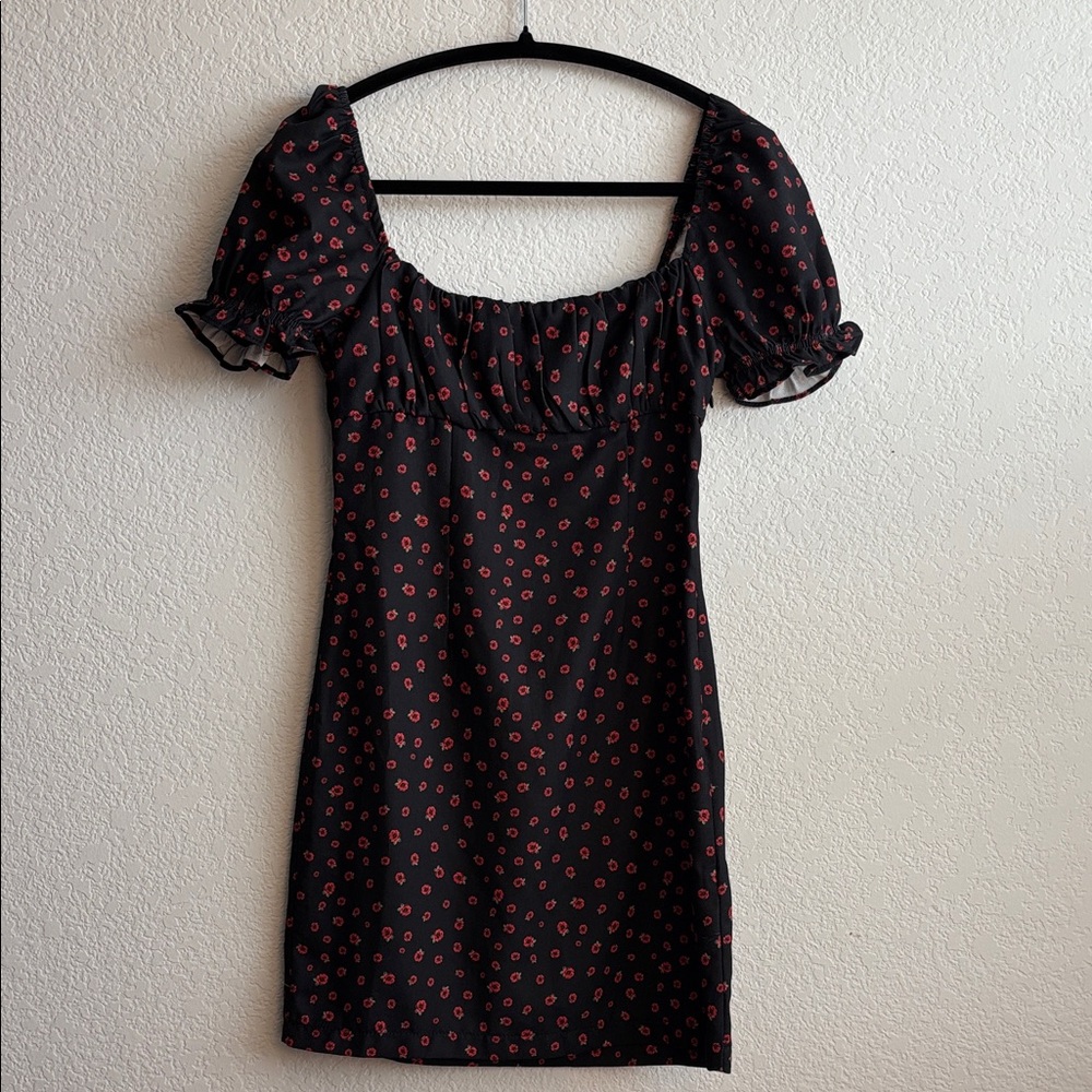 Princess Polly Black Mini Dress with Red Floral Pattern